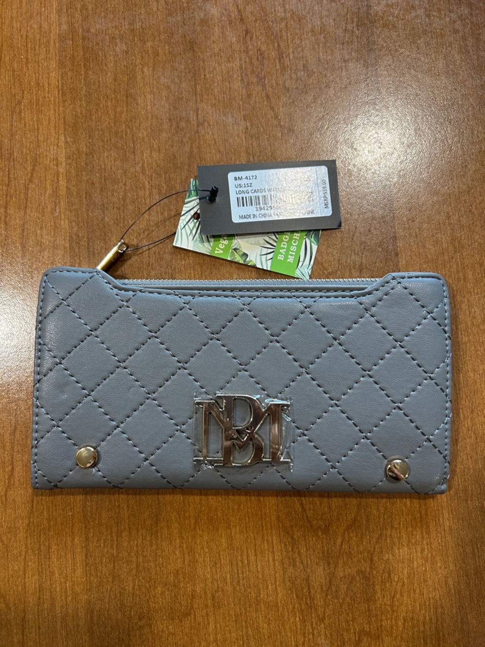 Badgley Mischka Gray Quilted Long Card Wallet with Gold Logo